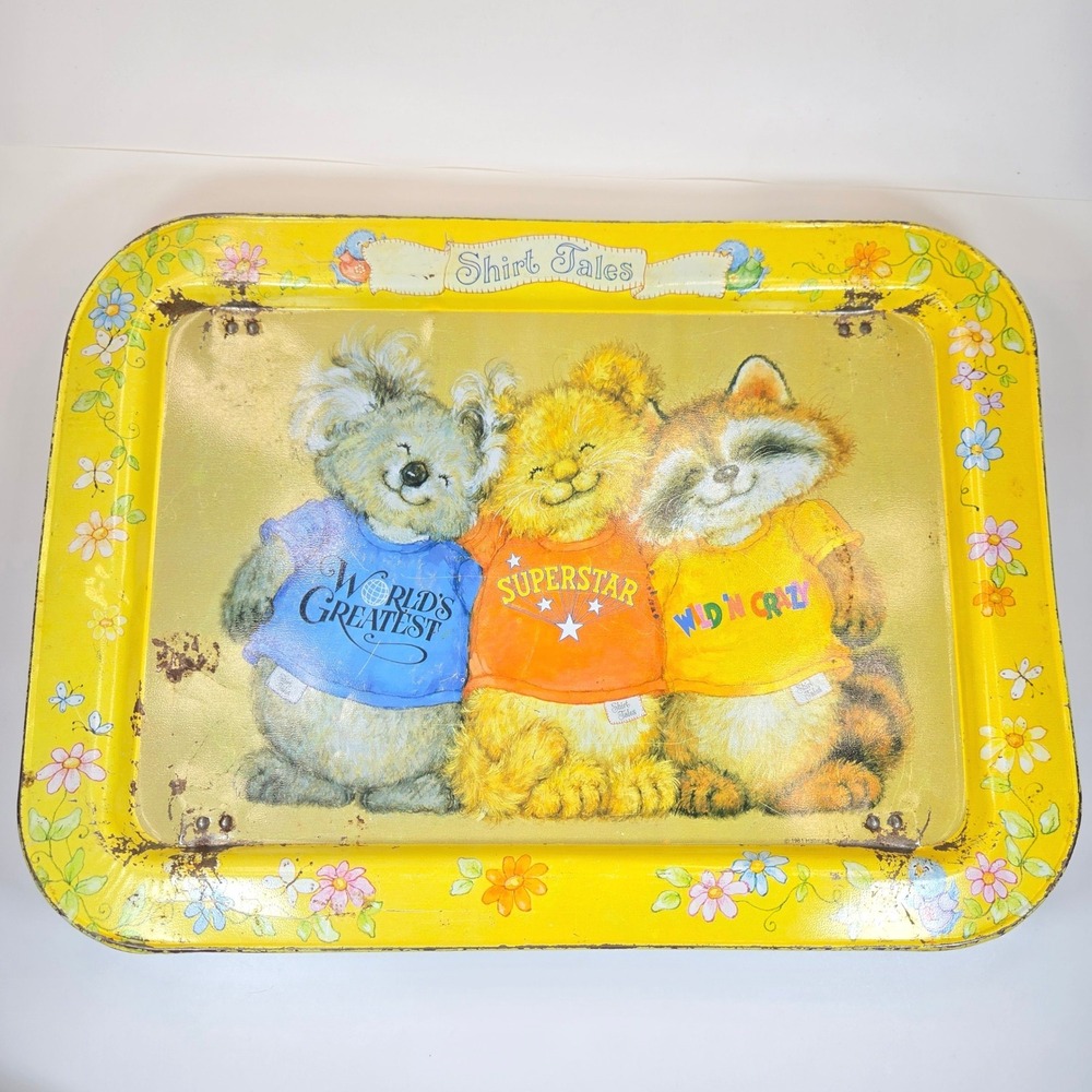 Vintage 1981 Hallmark Shirt Tales Metal Lap Tray Yellow Folding Bed Table 80s